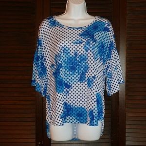 JENNIE & MARIS Blue Floral Polka Dot Top, M, NWT